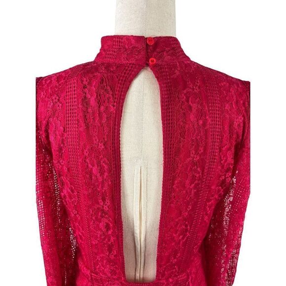 Anthropologie Maeve Open Back Lace Mini Dress Raspberry 12 Pockets Romantic Date - Picture 6 of 16